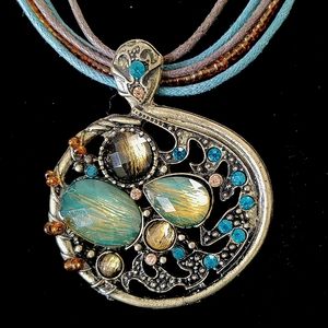 5 Faux Leather Strand Necklace with Gem Encrusted Pendant